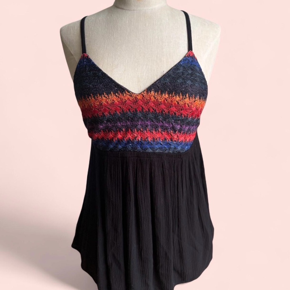 Y2K Black Babydoll Cami Top S Chevron Rainbow Crochet Bust